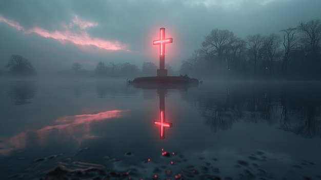 A MistCovered Lake At Dawn Cross Background