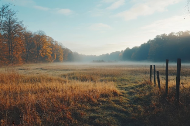 Mistcovered meadow at dawn with golden grass and distant trees in peaceful autumn landscape