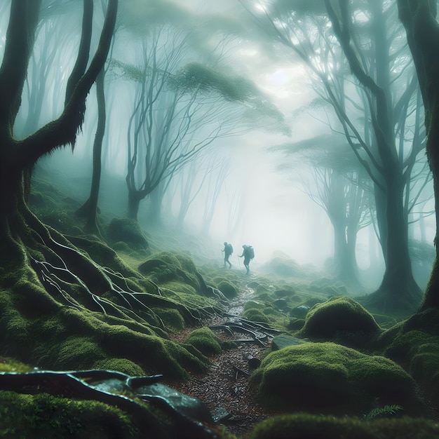 In a mistshrouded forest a pair of hikers navigate mosscovered trails amidst the gentle patter of