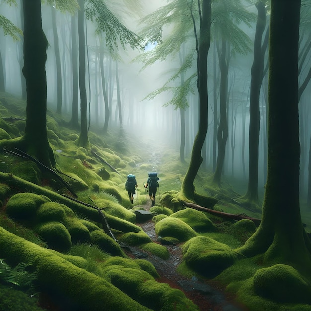 In a mistshrouded forest a pair of hikers navigate mosscovered trails amidst the gentle patter of