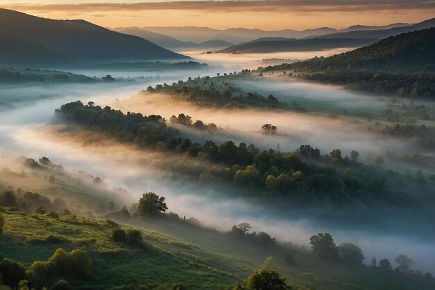 Photo mistshrouded river valley at sunrise