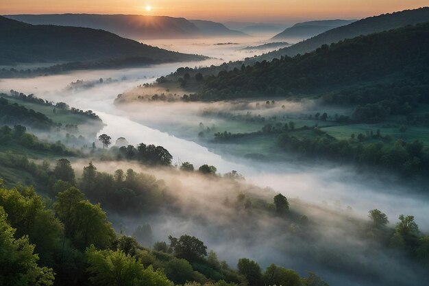 Photo mistshrouded river valley at sunrise