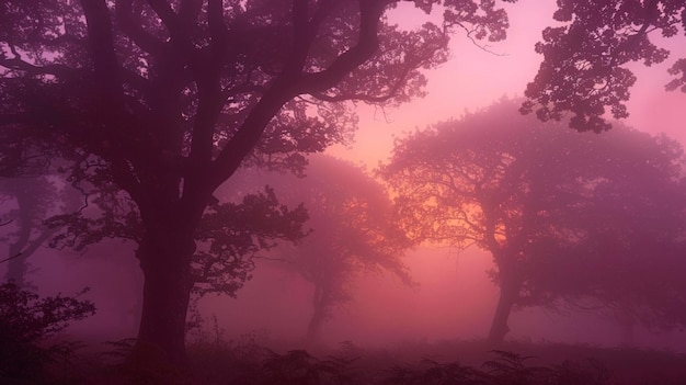 A mistshrouded woodland at dawn with the silhouettes of ancient trees looming out of the fog and the first light of morning painting the sky in shades of pink and gold