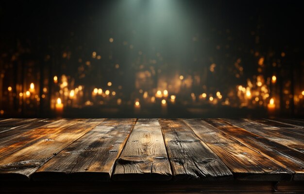 Misty ambiance envelops vacant wooden table a stage for your products to shine