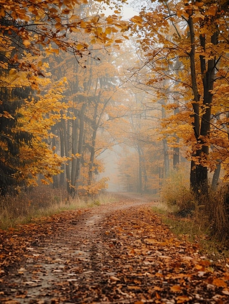 Photo misty autumn forest path with golden leaves