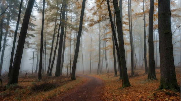 Misty autumn forest with tall trees