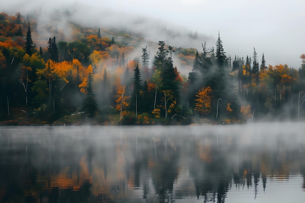 Misty Autumn Morning at a Serene Lakeside