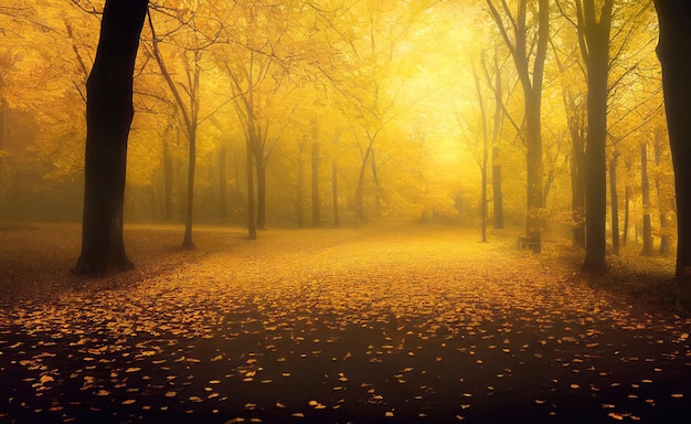 Misty autumn park alley perspective with yellow trees and golden fog landscape with magical atmosphere Digital illustration based on render by neural network