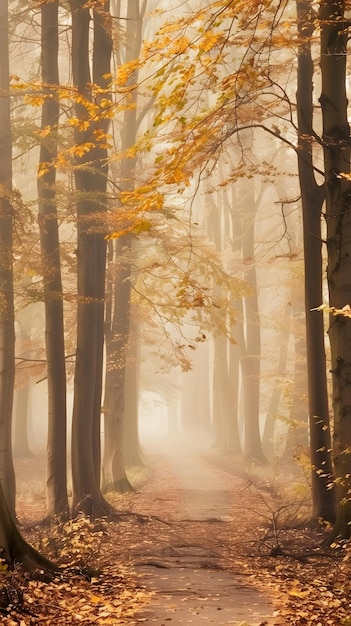 Misty autumnal forest with fogcovered paths winding through colorful fall foliage and towering trees