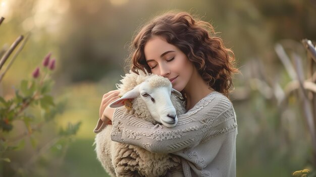 Photo in the misty background of her yard a stunning woman gives a tight hug to a sheep generative ai