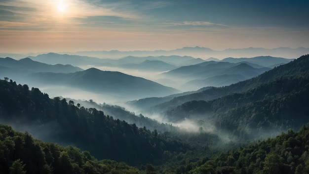 Misty beauty of towering mountains creating an ethereal and dramatic landscape at sunrise