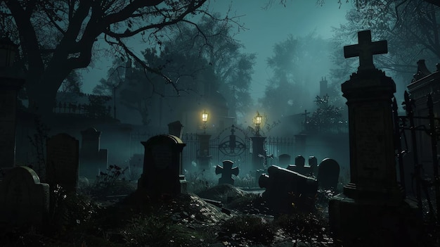 A misty cemetery at night a faint apparition visible among the tombstones