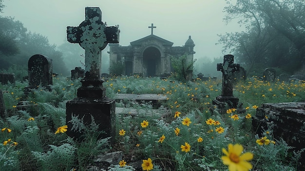 A Misty Cemetery With Cracked Mausoleums Background