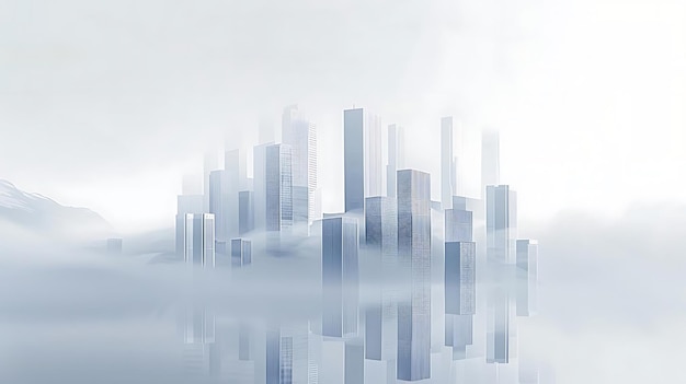 A misty cityscape with tall buildings reflected in calm water