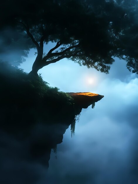 Photo misty cliff edge with a lone tree under moonlight evoking a sense of solitude and wonder in a mystical serene landscape