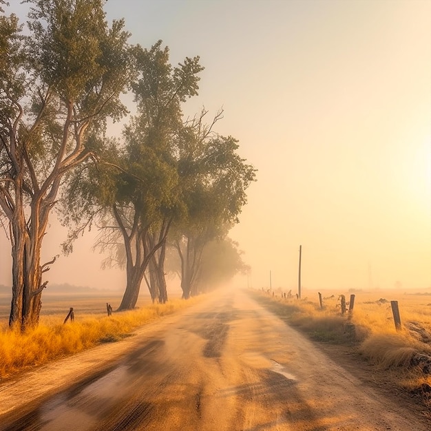 A misty country side road at morning with morning sun rays