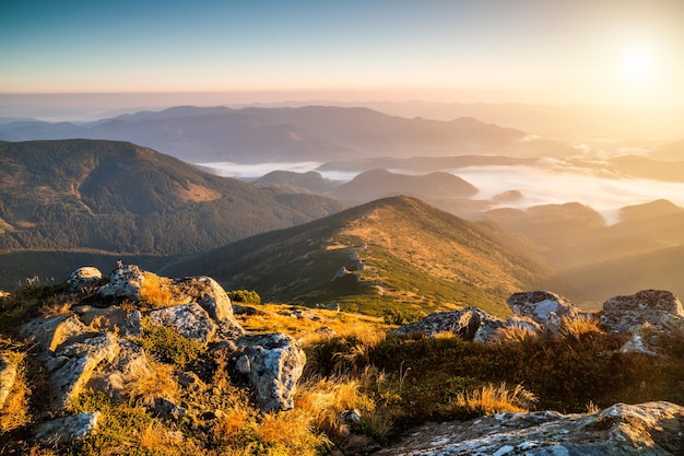 Misty dawn in the mountains Beautiful landscape