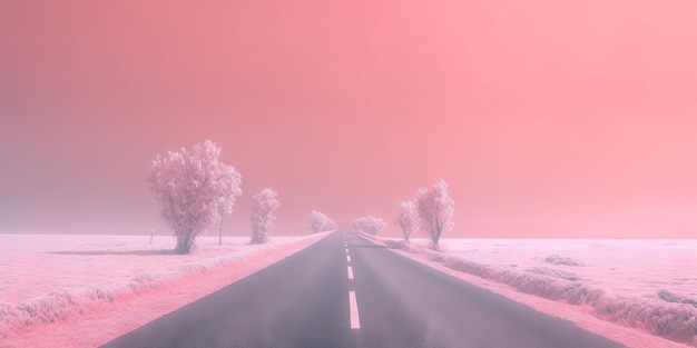 Misty empty road in lowlands Foggy highway Mystery travel concept Generative AI