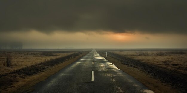 Misty empty road in lowlands Foggy highway Mystery travel concept Generative AI