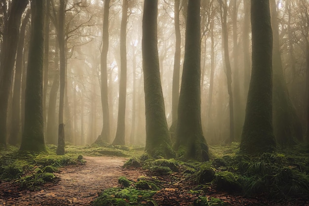 Misty enchanted forest nature background fairy spooky woods in fog with mist cold foggy morning in h