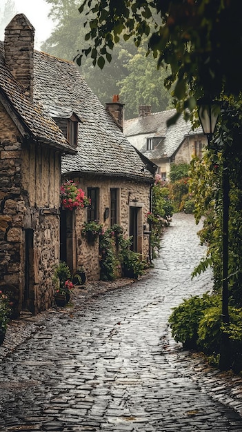 A Misty European Village Cobblestone Path Leads Through Stone Houses Lush Greenery and a Touch of Mystery