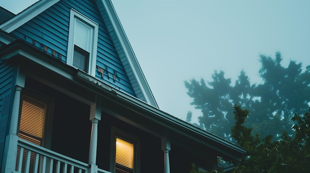 Misty evening view of blue house with warm lights