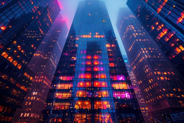 Misty evening view of towering skyscrapers with illuminated windows creating a captivating urban cit