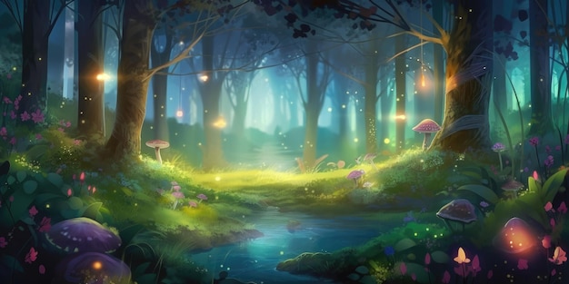 Misty fairy tale forest at night illuminated by the soft moonlight with growing mushrooms and blooming flowers Generative AI illustration