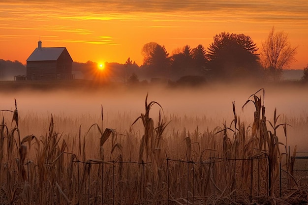 Misty field at dawn