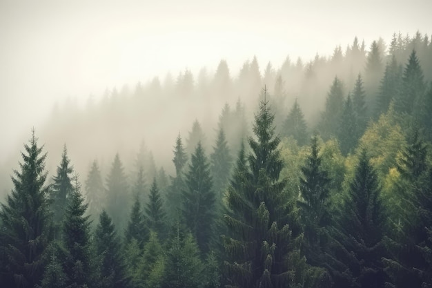 Misty fir forest beautiful landscape in hipster vintage generative AI