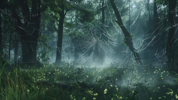 A misty forest clearing at dawn with dewcovered spider webs glistening in the soft light and birdsong filling the air