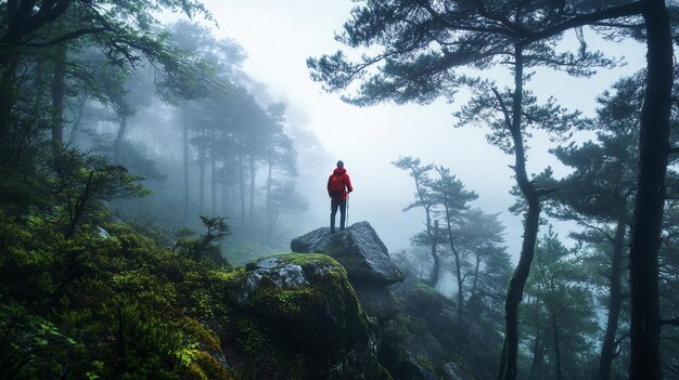 Photo misty forest hiking adventure portrait in nature