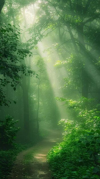 Misty forest path with dappled sunlight filtering through the canopy of trees with copyspace