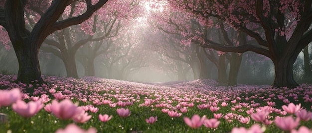 Photo misty forest path with pink blossoms and flowers