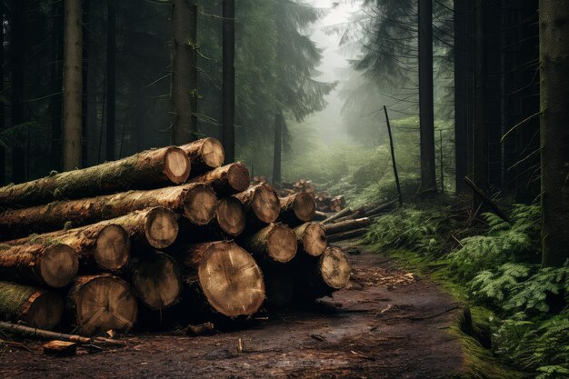 Misty forest path with timber logs