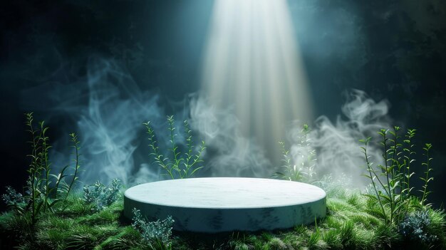 Photo misty forest podium is lit by enigmatic light forming captivating and mysterious ambiance