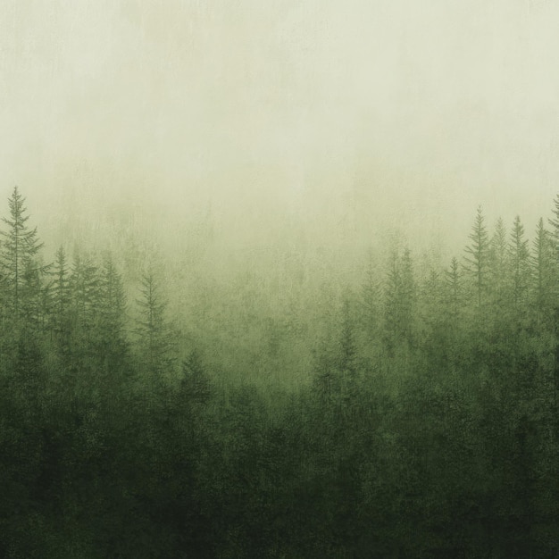 Photo a misty forest scene with tall green trees in the foreground and a hazy background