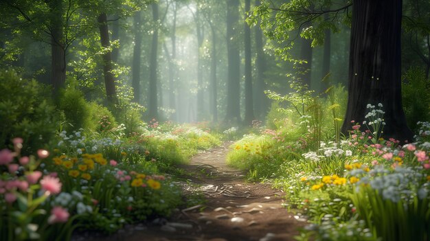 Misty forest trail with a carpet of multicolored flowers