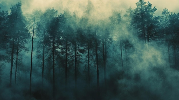 Photo misty forest trees with smoke billowing scenery