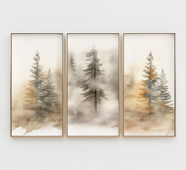 Misty Forest Triptych Abstract Pine Trees in Golden Light