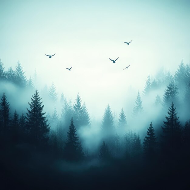 Misty Forest with Birds in Flight