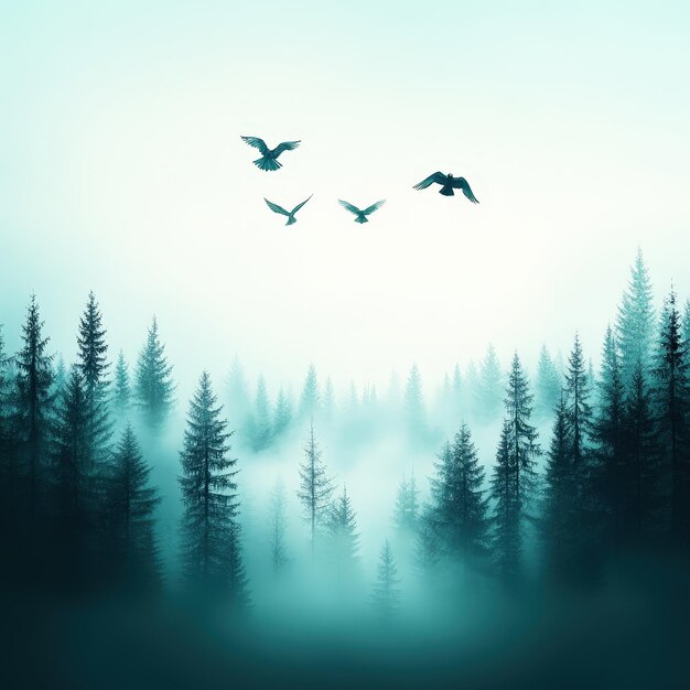 Misty Forest with Birds in Flight