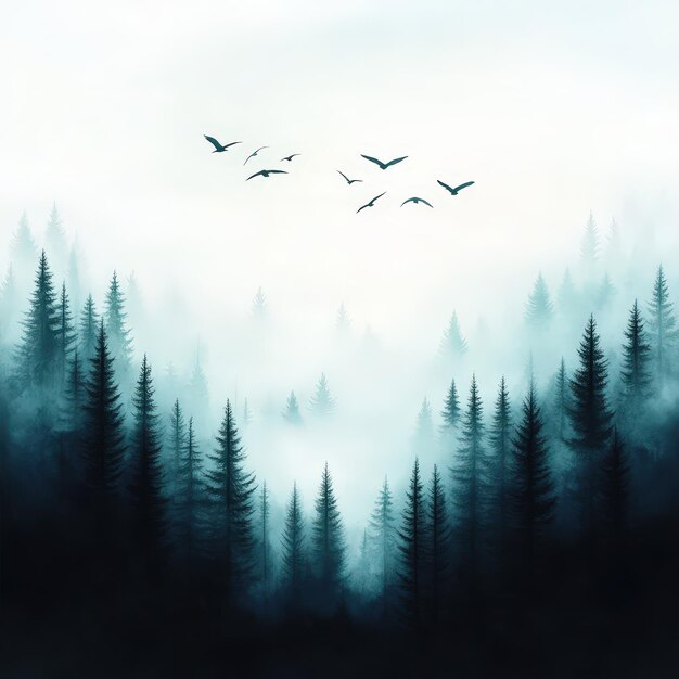 Photo misty forest with birds flying over