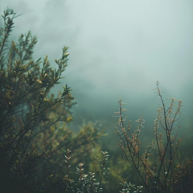 Photo misty forest with green and brown foliage