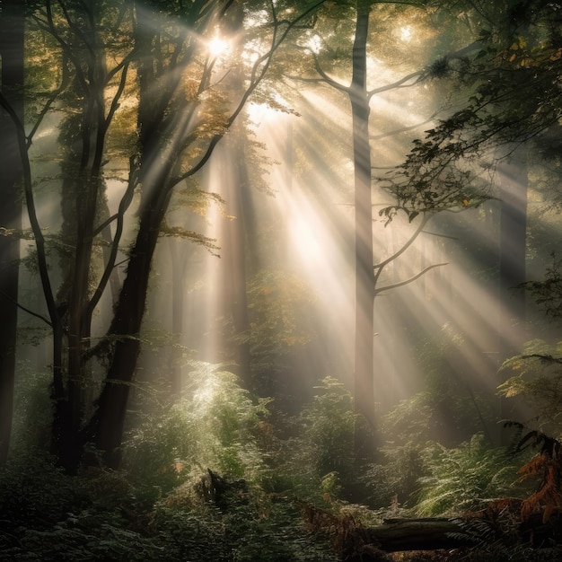 Misty forest with shafts of sunlight piercing through the canopy