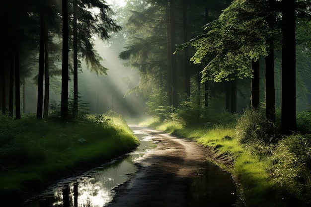 Misty Forest with Sun Rays Piercing Through