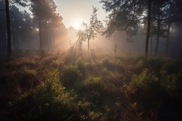 A misty forest with the sun shining through the trees