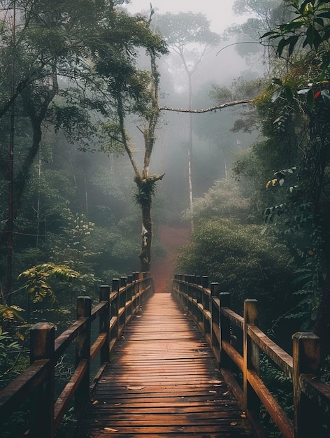 Misty Forest Wooden Bridge Pathway in Lush Greenery