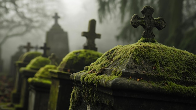 Photo a misty graveyard scene with mosscovered tombs and crosses evoking a sense of mystery