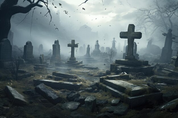 A misty graveyard with crooked tombstones Halloween celebration